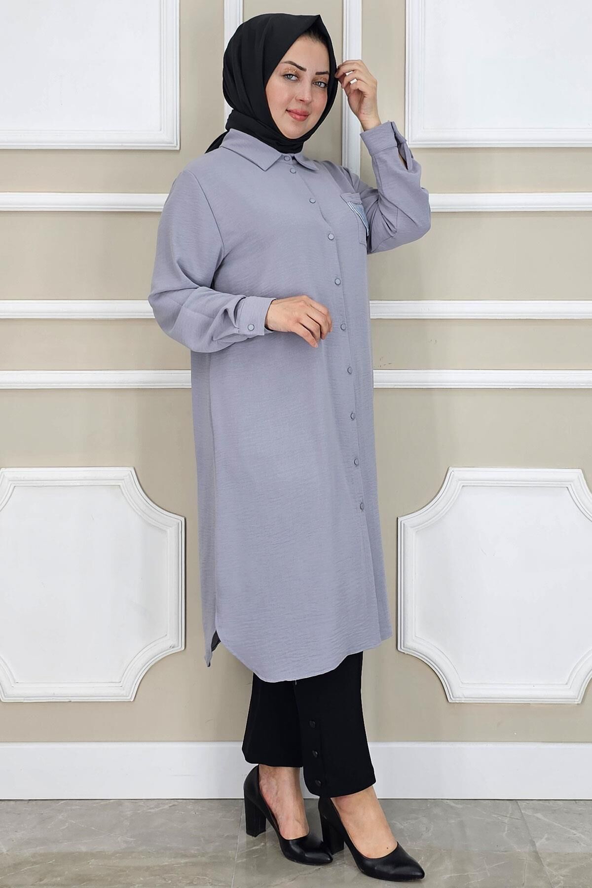 PYS KADIN CEBİ PÜSKÜL DETAYLI TESETTÜR GÖMLEK GRİ - 2 BEDEN