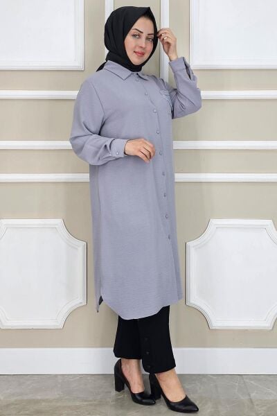 PYS KADIN CEBİ PÜSKÜL DETAYLI TESETTÜR GÖMLEK GRİ - 2 BEDEN