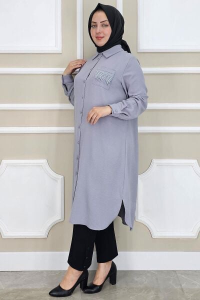 PYS KADIN CEBİ PÜSKÜL DETAYLI TESETTÜR GÖMLEK GRİ - 2 BEDEN