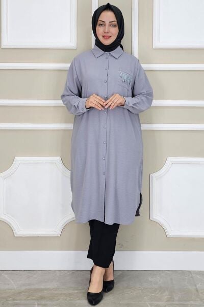 PYS KADIN CEBİ PÜSKÜL DETAYLI TESETTÜR GÖMLEK GRİ - 2 BEDEN