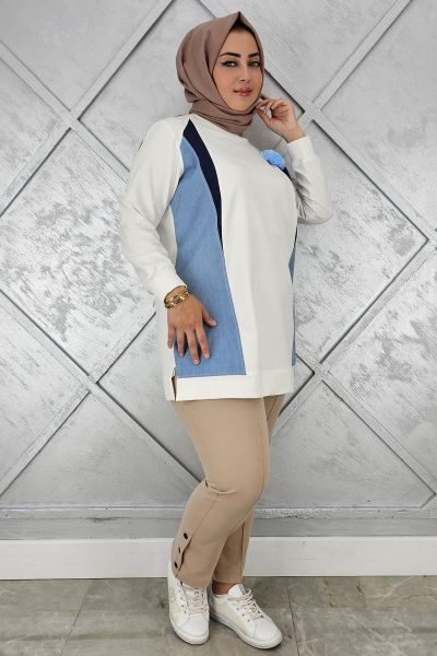 KADIN KOMBİNLİ TÜL ÇİÇEK DETAYLI TESETTÜR TUNİK EKRU - 4 BEDEN