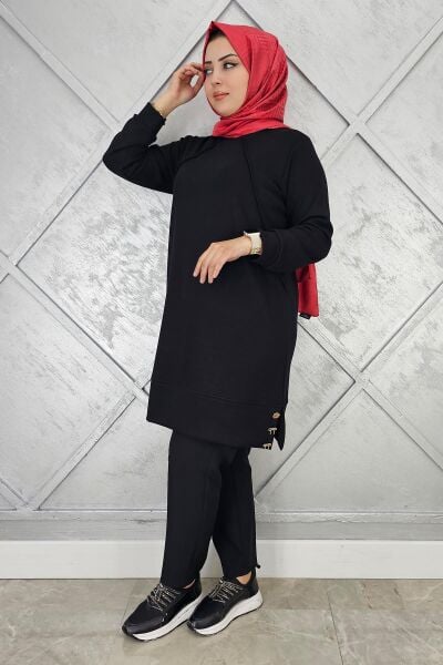 KADIN NERVÜR DİKİM DÜĞME DETAYLI TESETTÜR TUNİK SİYAH - 2 BEDEN