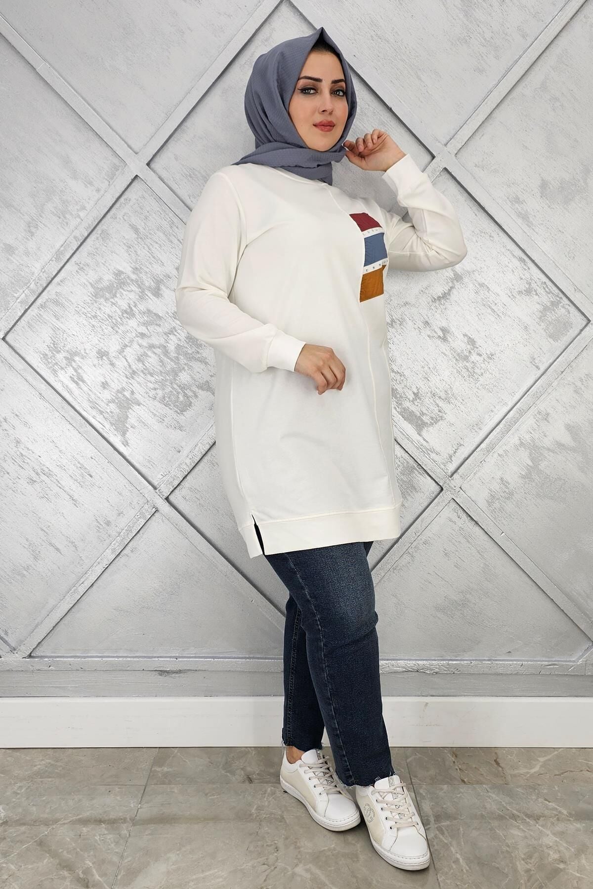 KADIN PARAŞÜT KUMAŞ KOMBİNLİ TESETTÜR TUNİK EKRU - 2XL