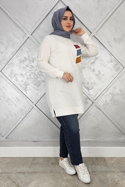 KADIN PARAŞÜT KUMAŞ KOMBİNLİ TESETTÜR TUNİK EKRU - 2XL