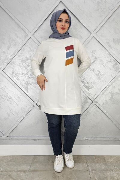 KADIN PARAŞÜT KUMAŞ KOMBİNLİ TESETTÜR TUNİK EKRU - 2XL