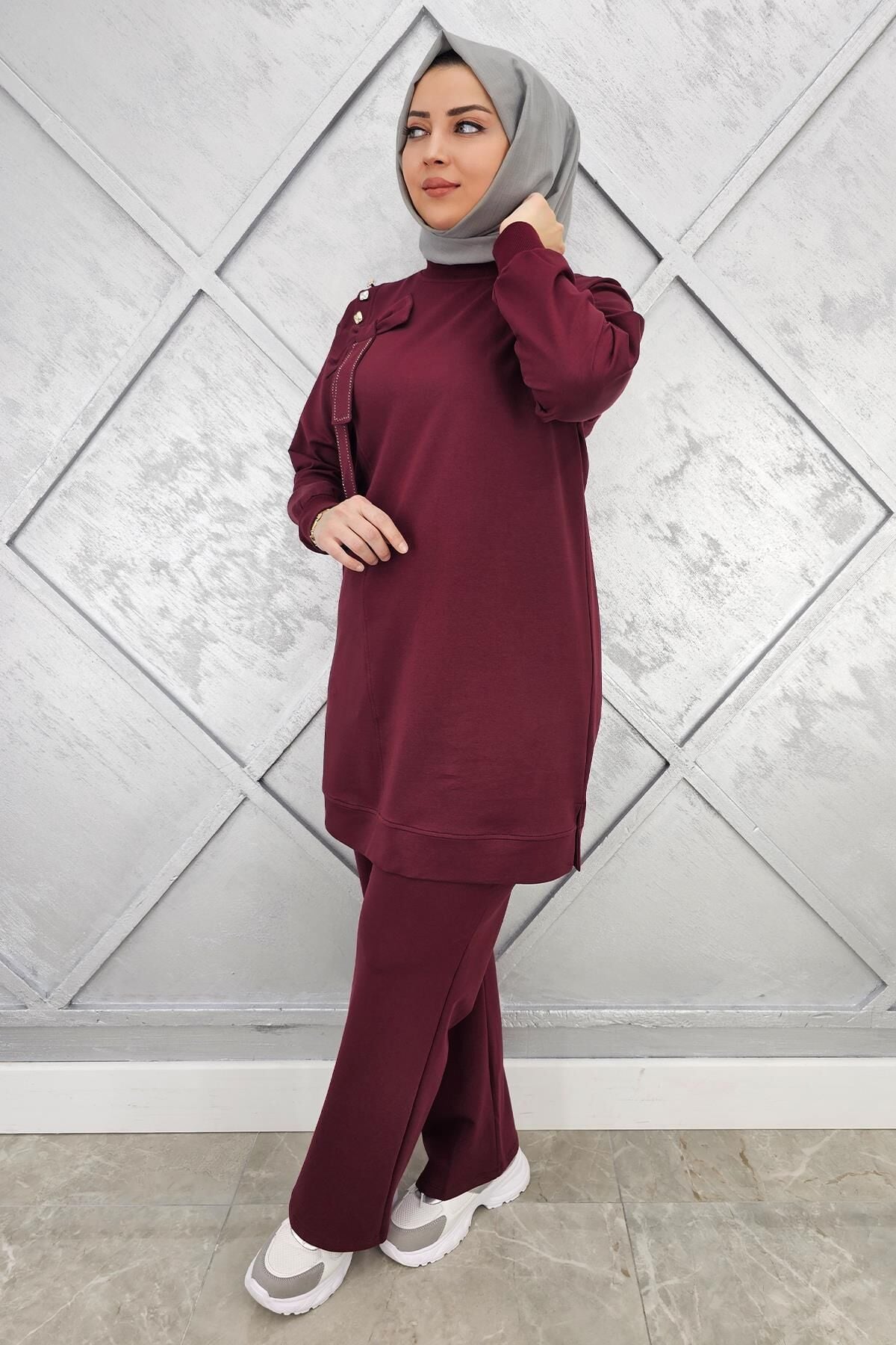 KADIN FİYONK DETAYLI TESETTÜR TAKIM BORDO - XL