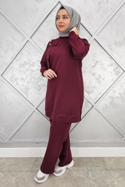 KADIN FİYONK DETAYLI TESETTÜR TAKIM BORDO - XL