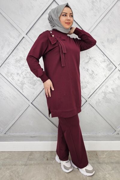 KADIN FİYONK DETAYLI TESETTÜR TAKIM BORDO - XL