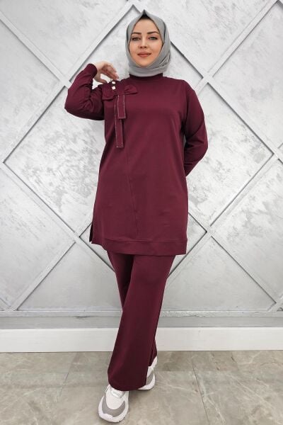 KADIN FİYONK DETAYLI TESETTÜR TAKIM BORDO - XL