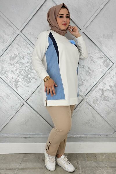 KADIN KOMBİNLİ TÜL ÇİÇEK DETAYLI TESETTÜR TUNİK EKRU - 5 BEDEN