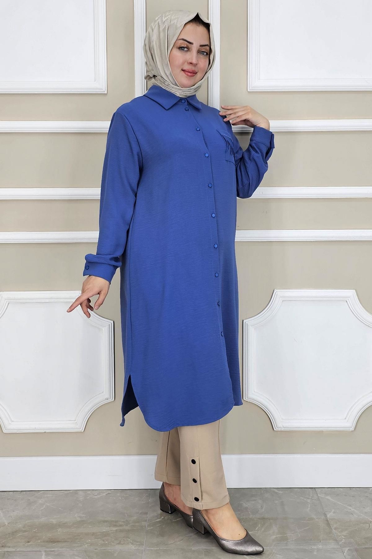 PYS KADIN CEBİ PÜSKÜL DETAYLI TESETTÜR GÖMLEK İNDİGO - 2 BEDEN