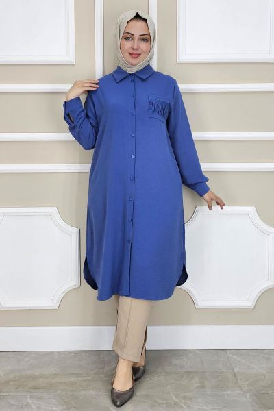 PYS KADIN CEBİ PÜSKÜL DETAYLI TESETTÜR GÖMLEK İNDİGO - 2 BEDEN