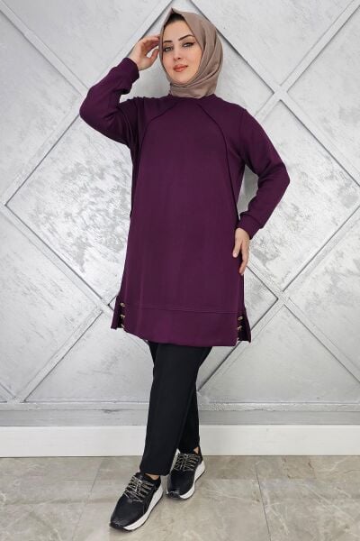 KADIN NERVÜR DİKİM DÜĞME DETAYLI TESETTÜR TUNİK MOR - 4 BEDEN