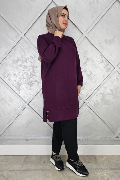 KADIN NERVÜR DİKİM DÜĞME DETAYLI TESETTÜR TUNİK MOR - 4 BEDEN