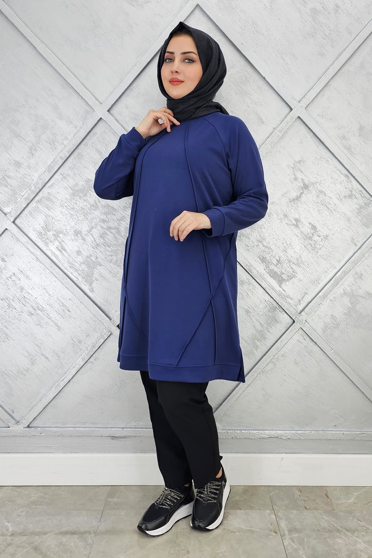 KADIN NERVÜR DİKİM TESETTÜR TUNİK İNDİGO - 2 BEDEN