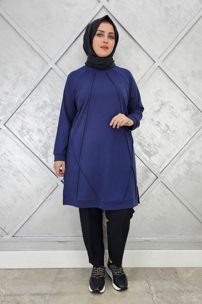 KADIN NERVÜR DİKİM TESETTÜR TUNİK İNDİGO - 2 BEDEN