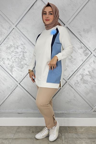 KADIN KOMBİNLİ TÜL ÇİÇEK DETAYLI TESETTÜR TUNİK EKRU - 2 BEDEN