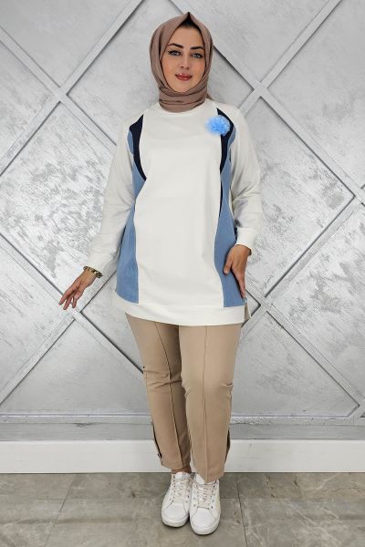 KADIN KOMBİNLİ TÜL ÇİÇEK DETAYLI TESETTÜR TUNİK EKRU - 2 BEDEN