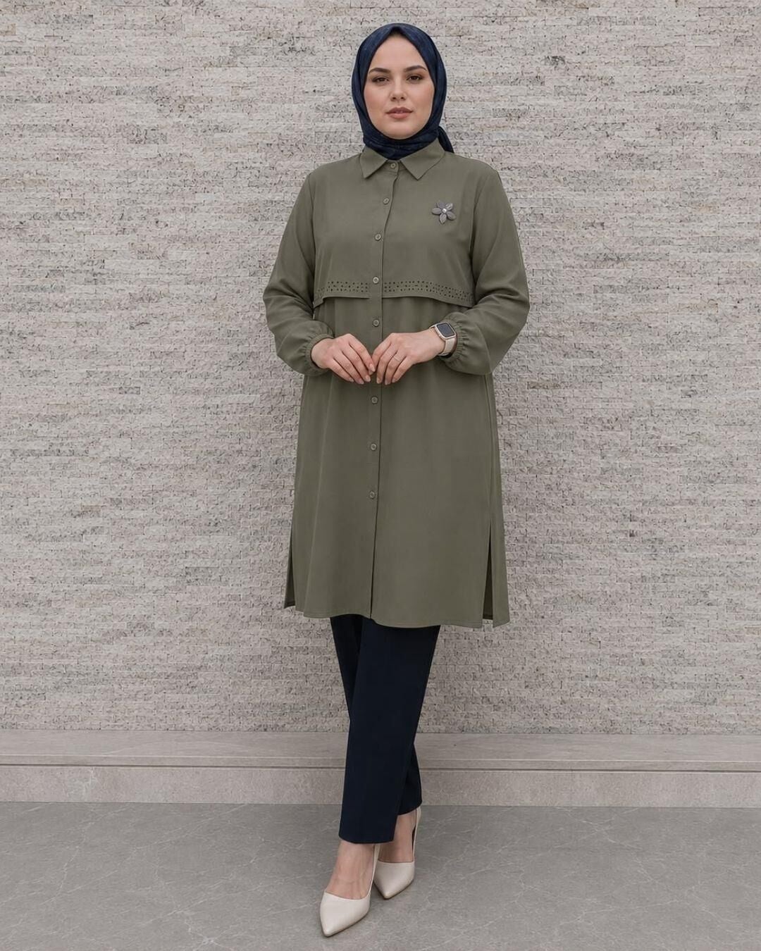 KADIN DİKME DETAYLI TESETTÜR GÖMLEK HAKİ - 3 BEDEN