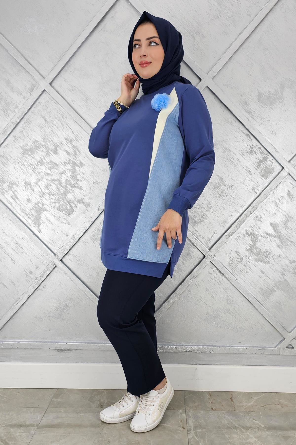 KADIN KOMBİNLİ TÜL ÇİÇEK DETAYLI TESETTÜR TUNİK İNDİGO - 4 BEDEN
