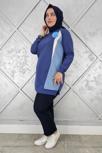 KADIN KOMBİNLİ TÜL ÇİÇEK DETAYLI TESETTÜR TUNİK İNDİGO - 4 BEDEN