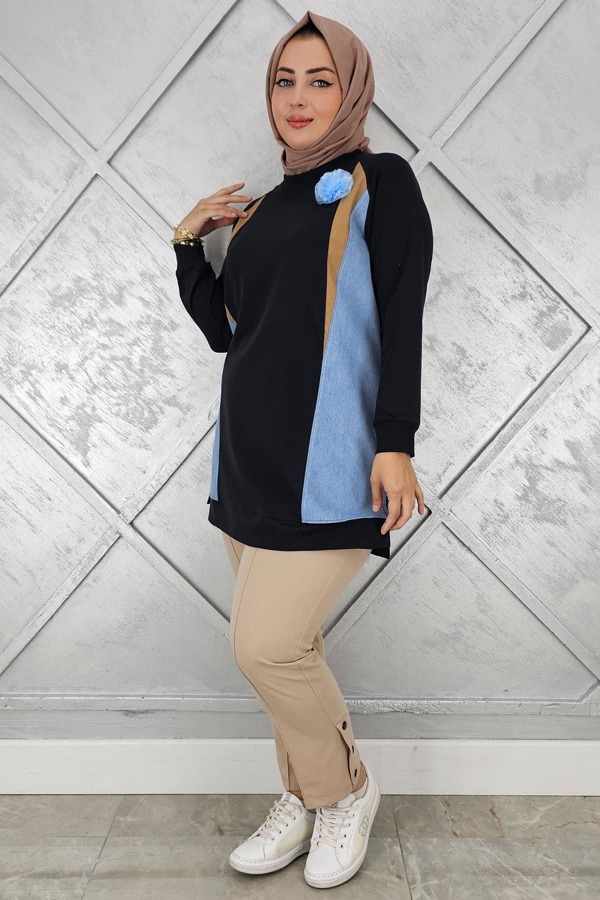 KADIN KOMBİNLİ TÜL ÇİÇEK DETAYLI TESETTÜR TUNİK SİYAH - 4 BEDEN