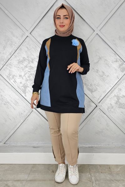 KADIN KOMBİNLİ TÜL ÇİÇEK DETAYLI TESETTÜR TUNİK SİYAH - 2 BEDEN