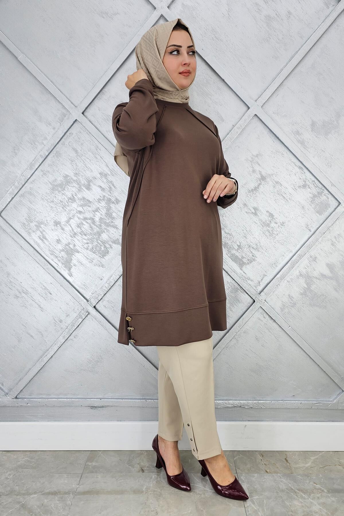 KADIN NERVÜR DİKİM DÜĞME DETAYLI TESETTÜR TUNİK VİZON - 2 BEDEN