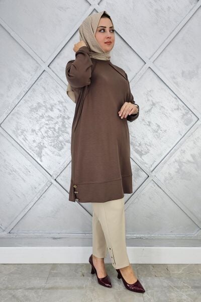 KADIN NERVÜR DİKİM DÜĞME DETAYLI TESETTÜR TUNİK VİZON - 2 BEDEN