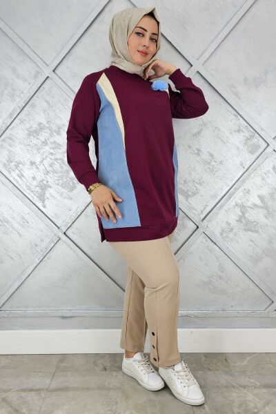 KADIN KOMBİNLİ TÜL ÇİÇEK DETAYLI TESETTÜR TUNİK BORDO - 5 BEDEN