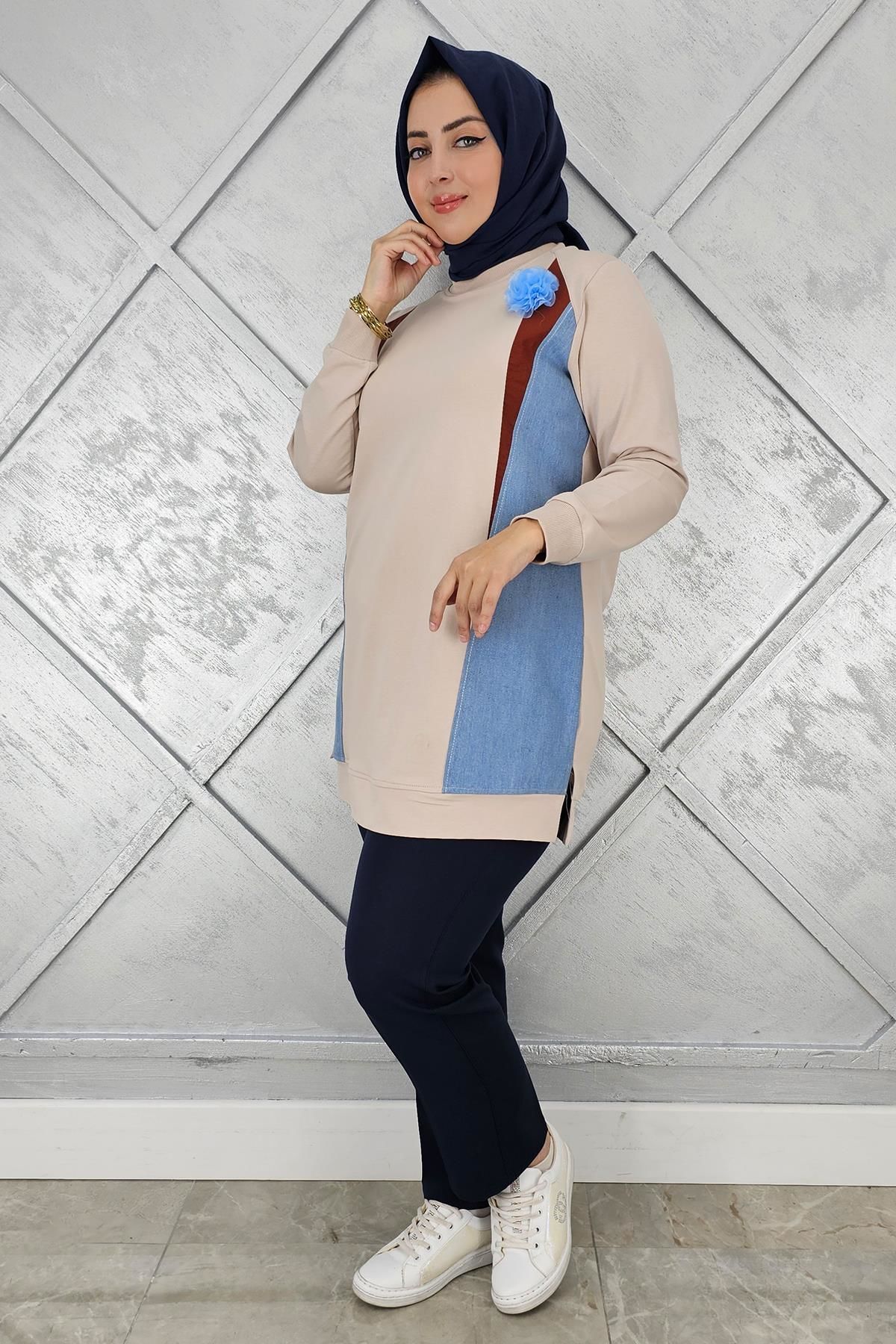 KADIN KOMBİNLİ TÜL ÇİÇEK DETAYLI TESETTÜR TUNİK BEJ - 5 BEDEN