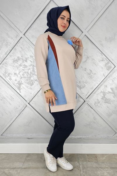 KADIN KOMBİNLİ TÜL ÇİÇEK DETAYLI TESETTÜR TUNİK BEJ - 5 BEDEN