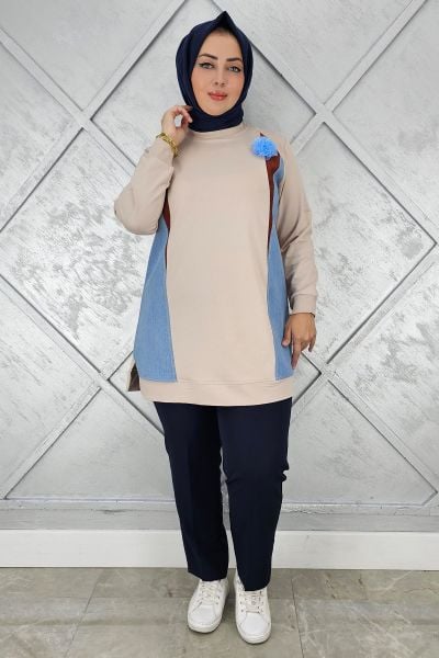KADIN KOMBİNLİ TÜL ÇİÇEK DETAYLI TESETTÜR TUNİK BEJ - 5 BEDEN