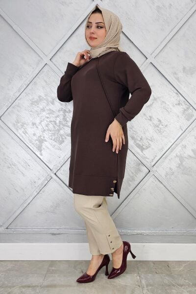 KADIN NERVÜR DİKİM DÜĞME DETAYLI TESETTÜR TUNİK KAHVERENGİ - 2 BEDEN