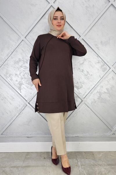 KADIN NERVÜR DİKİM DÜĞME DETAYLI TESETTÜR TUNİK KAHVERENGİ - 2 BEDEN