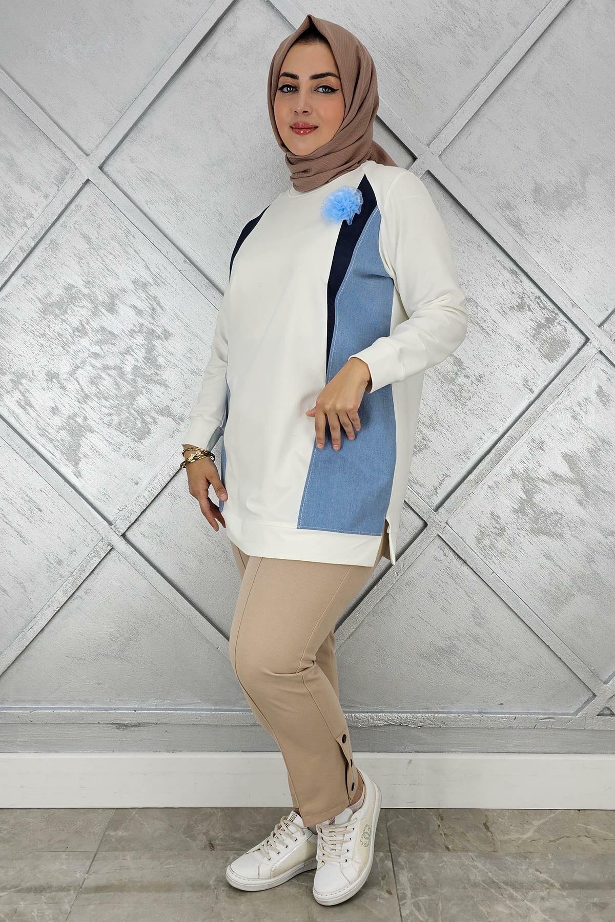 KADIN KOMBİNLİ TÜL ÇİÇEK DETAYLI TESETTÜR TUNİK EKRU - 3 BEDEN