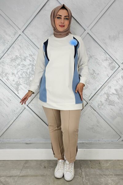 KADIN KOMBİNLİ TÜL ÇİÇEK DETAYLI TESETTÜR TUNİK EKRU - 3 BEDEN