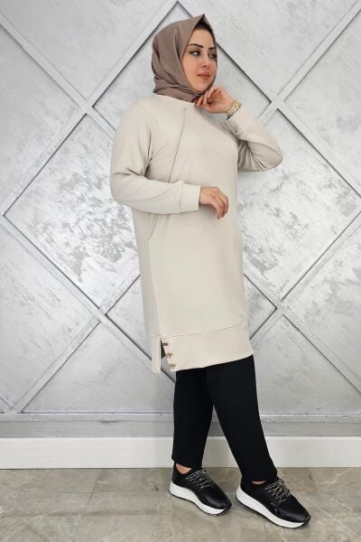 KADIN NERVÜR DİKİM DÜĞME DETAYLI TESETTÜR TUNİK BEJ - 5 BEDEN