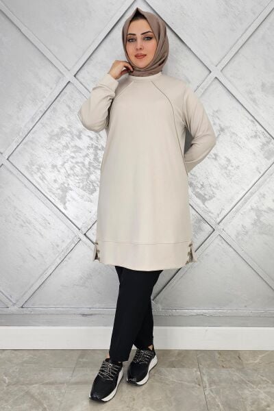 KADIN NERVÜR DİKİM DÜĞME DETAYLI TESETTÜR TUNİK BEJ - 5 BEDEN