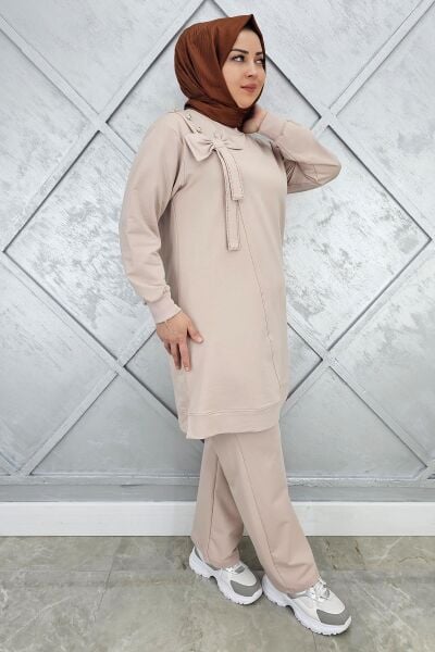KADIN FİYONK DETAYLI TESETTÜR TAKIM BEJ - L
