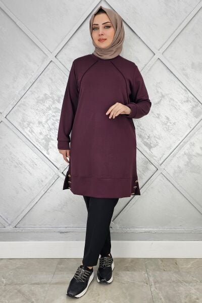KADIN NERVÜR DİKİM DÜĞME DETAYLI TESETTÜR TUNİK BORDO - 2 BEDEN