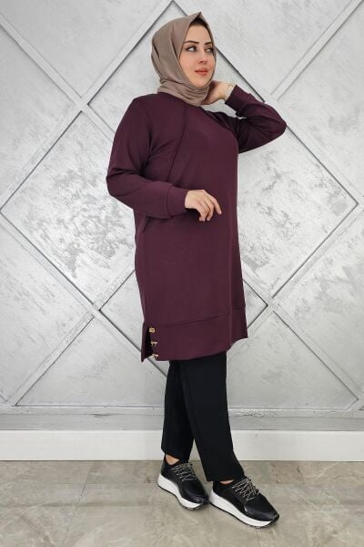 KADIN NERVÜR DİKİM DÜĞME DETAYLI TESETTÜR TUNİK BORDO - 2 BEDEN