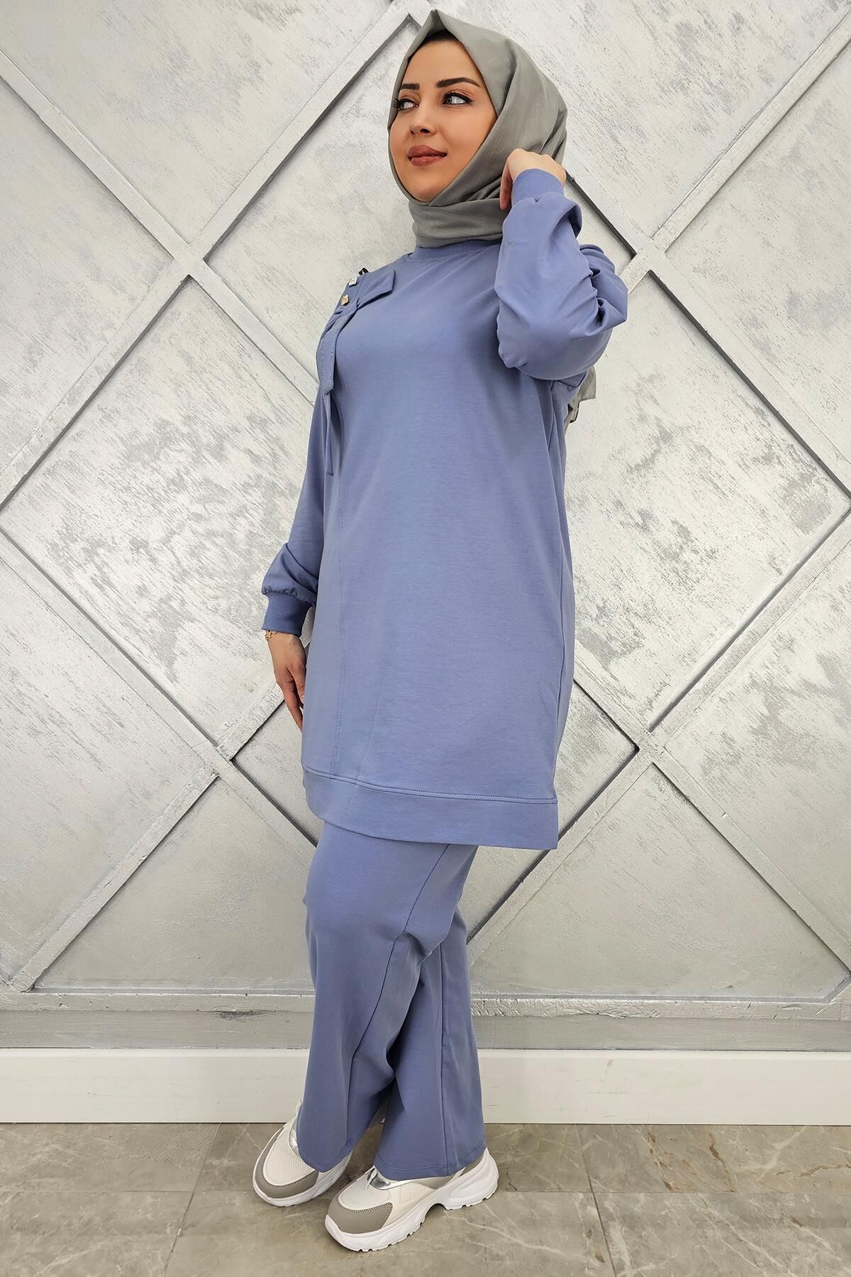 KADIN FİYONK DETAYLI TESETTÜR TAKIM MAVİ - 2XL