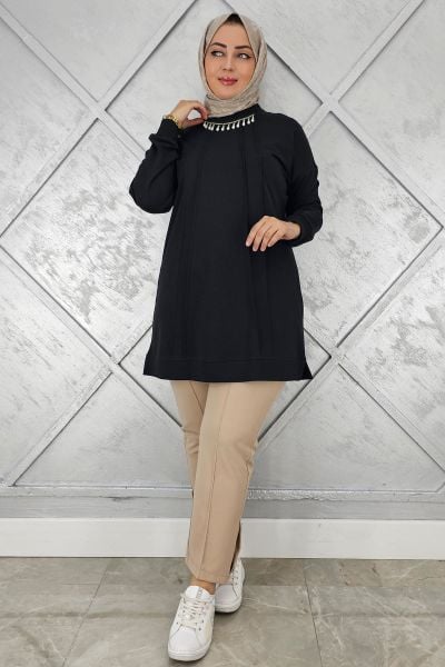 KADIN NERVÜR DİKİM İNCİ KOLYE DETAYLI TESETTÜR TUNİK SİYAH - ARA BEDEN