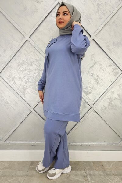 KADIN FİYONK DETAYLI TESETTÜR TAKIM MAVİ - XL