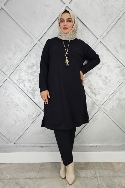 KADIN KOLYE DETAYLI TESETTÜR TUNİK SİYAH - 2 BEDEN