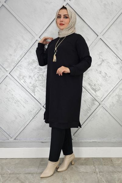 KADIN KOLYE DETAYLI TESETTÜR TUNİK SİYAH - 2 BEDEN