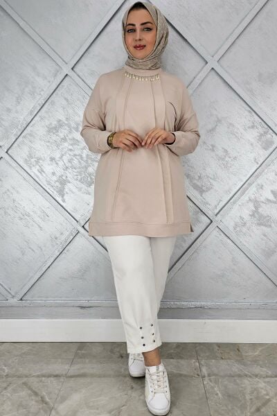 KADIN NERVÜR DİKİM İNCİ KOLYE DETAYLI TESETTÜR TUNİK BEJ - 3XL