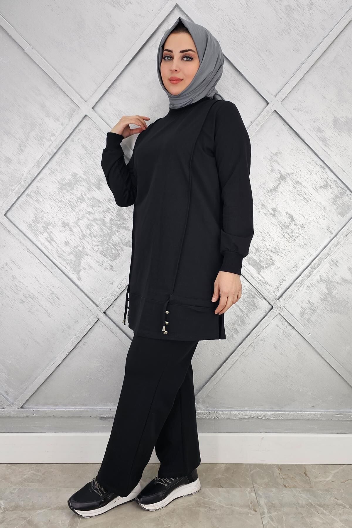 KADIN NERVÜR DİKİM DÜĞME DETAYLI TESETTÜR TAKIM SİYAH - 3XL