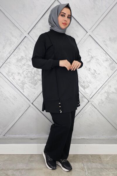 KADIN NERVÜR DİKİM DÜĞME DETAYLI TESETTÜR TAKIM SİYAH - 3XL